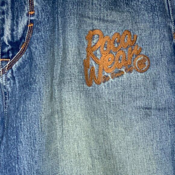 Vtg Rocawear Mens Jeans Blue Baggy Wide Leg Embroidered Patches Y2K‎ 38 x3 3.5 - Picture 5 of 13